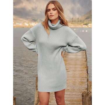 ANRABESS Women Oversized Sweater Dress Turtleneck Batwing Long Sleeve Ribbed Knit Loose 2024 Fall Winter Casual Short Dress A240hui-M Grey