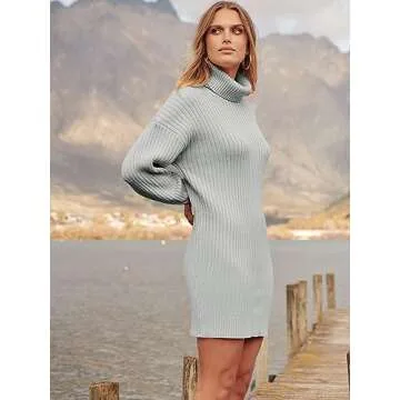 ANRABESS Women Oversized Sweater Dress Turtleneck Batwing Long Sleeve Ribbed Knit Loose 2024 Fall Winter Casual Short Dress A240hui-M Grey
