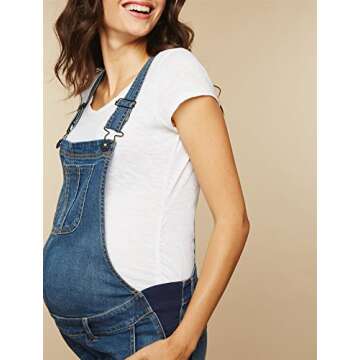 Motherhood Maternity Women's Indigo Blue Side Panel Skinny Ankle Pregnancy Denim Overalls, Medium wash, Large