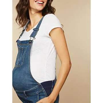 Motherhood Maternity Women's Indigo Blue Side Panel Skinny Ankle Pregnancy Denim Overalls, Medium wash, Large