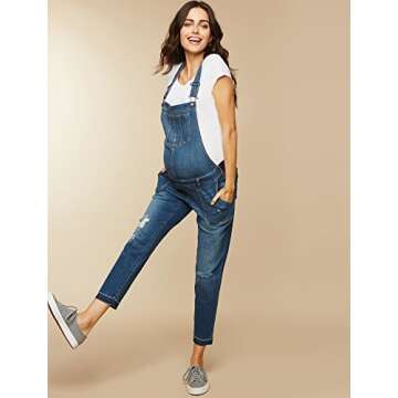 Motherhood Maternity Women's Indigo Blue Side Panel Skinny Ankle Pregnancy Denim Overalls, Medium wash, Large