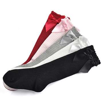 EPEIUS 5 Pairs Baby Girls Cotton Bow Knee High Socks Uniform Socks Toddlers Girls Tube Ruffled Stock...
