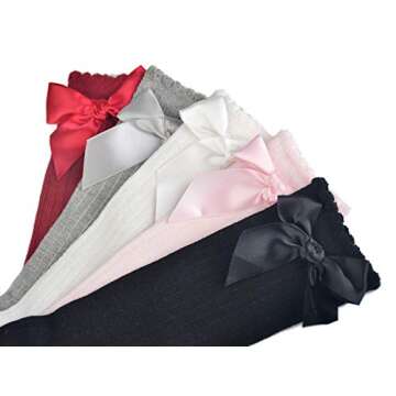 EPEIUS 5 Pairs Baby Girls Cotton Bow Knee High Socks Uniform Socks Toddlers Girls Tube Ruffled Stockings for 12-24 Months,Black/White/Grey/Baby Pink/Wine Red
