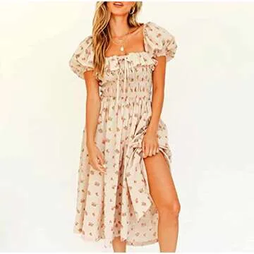 R.Vivimos Womens Summer Floral Print Puff Sleeves Vintage Ruffles Midi Dress (Small, Beige)