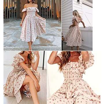 R.Vivimos Womens Summer Floral Print Puff Sleeves Vintage Ruffles Midi Dress (Small, Beige)