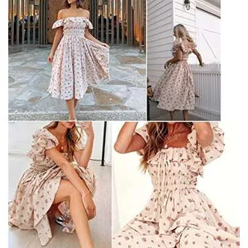 R.Vivimos Womens Summer Floral Print Puff Sleeves Vintage Ruffles Midi Dress (Small, Beige)