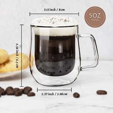 Espresso Cups Set of 4, Comfome 5 oz Double Walled Glass Coffee Mugs with Lead-free Borosilicate glasses Glass and 4 Spoons for Cappuccino, Latte and Espresso Machine