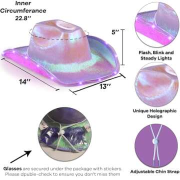 Funcredible Mardi Gras Light Up Cowboy Hat and Glasses - Neon Purple Led Cowgirl Hat - Mardi Gras Ac...