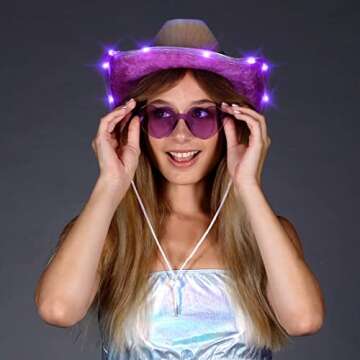 Funcredible Mardi Gras Light Up Cowboy Hat and Glasses - Neon Purple Led Cowgirl Hat - Mardi Gras Accessories for Women and Girls