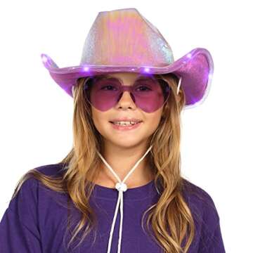 Funcredible Mardi Gras Light Up Cowboy Hat and Glasses - Neon Purple Led Cowgirl Hat - Mardi Gras Accessories for Women and Girls
