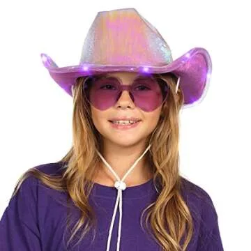 Funcredible Mardi Gras Light Up Cowboy Hat and Glasses - Neon Purple Led Cowgirl Hat - Mardi Gras Accessories for Women and Girls