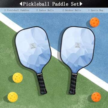 Pickleball Paddles Set of 2, USAPA Approved Pickleball Set, Fiberglass Lightweight Pickleball Rackets 2 Pack, 2 Outdoor Pickleball, 2 Indoor Pickleball Balls, 1 Pickleball Bag for Women and Men, Blue