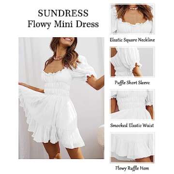 MIYIEONZ Women's Square Neck Puff Sleeve Mini Dresses Ruffle Elastic Waist A-Line Elegant Summer Casual Flowy Mini Dress White