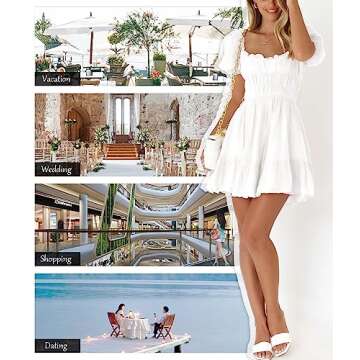 MIYIEONZ Women's Square Neck Puff Sleeve Mini Dresses Ruffle Elastic Waist A-Line Elegant Summer Casual Flowy Mini Dress White