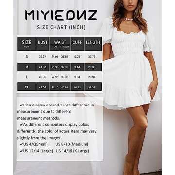 MIYIEONZ Women's Square Neck Puff Sleeve Mini Dresses Ruffle Elastic Waist A-Line Elegant Summer Casual Flowy Mini Dress White