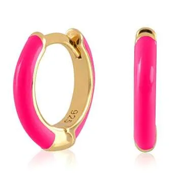 14K Gold Plated Sterling Silver Enamel Color Huggie Hoop Earrings for Women – Wide Range of Vibrant Color Options Available - Original (Regular) - Pink (Neon)