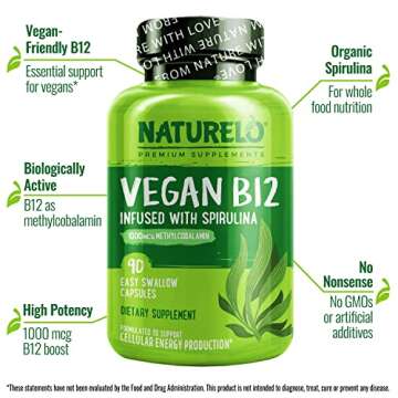 NATURELO Vegan B12 - Methyl B12 with Organic Spirulina - High Potency Vitamin B12 1000 mcg Methylcobalamin - Supports Healthy Mood, Energy, Heart & Eye Health - 90 Capsules