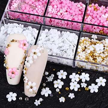 3D Flower Nail Charms, 2 Boxes 3D Acrylic Flower Nail Art Rhinestones White Pink Mixed Cherry Blossom Spring Gems Acrylic Nail Supplies with Pearls Manicure DIY Nail Decorations