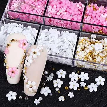 3D Flower Nail Charms, 2 Boxes 3D Acrylic Flower Nail Art Rhinestones White Pink Mixed Cherry Blossom Spring Gems Acrylic Nail Supplies with Pearls Manicure DIY Nail Decorations