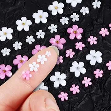 3D Flower Nail Charms, 2 Boxes 3D Acrylic Flower Nail Art Rhinestones White Pink Mixed Cherry Blossom Spring Gems Acrylic Nail Supplies with Pearls Manicure DIY Nail Decorations