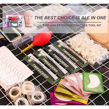 Pro 335Pcs Lash Eyelash Extension Kit, Mcwdoit Professional Lash Practice Kit with Flat Mannequin Head, Training Makeup Eye Lashes Grafting