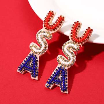 American Flag Earrings 4th of July Earrings for Women Beaded Heart Star Flag Dangle Drop Earrings, Z...
