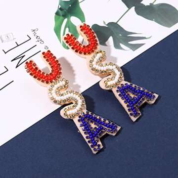 American Flag Earrings 4th of July Earrings for Women Beaded Heart Star Flag Dangle Drop Earrings, Zinc, Handmade Independence Day Patriotic Earrings Holiday Gifts (Letter 3)