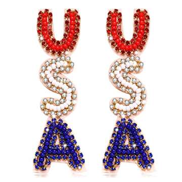 American Flag Earrings 4th of July Earrings for Women Beaded Heart Star Flag Dangle Drop Earrings, Zinc, Handmade Independence Day Patriotic Earrings Holiday Gifts (Letter 3)