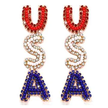 American Flag Earrings 4th of July Earrings for Women Beaded Heart Star Flag Dangle Drop Earrings, Zinc, Handmade Independence Day Patriotic Earrings Holiday Gifts (Letter 3)