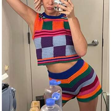 Women Sleeveless Bodycon 2Pcs Knitted Shorts Set Strap Crop Top Cami High Waist Shorts Summer Tracks...