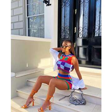 Women Sleeveless Bodycon 2Pcs Knitted Shorts Set Strap Crop Top Cami High Waist Shorts Summer Tracksuits Streetwear (E-Colorful, S)