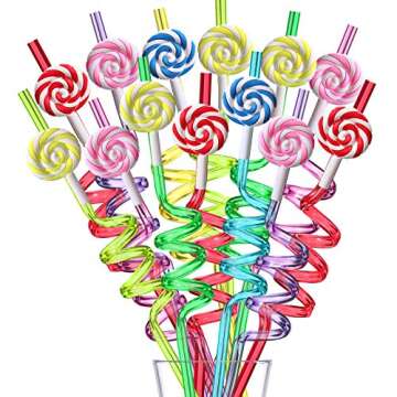 Candyland Party Supplies Drinking Plastic Straws Reusable 24 for Kids Sweet Candy Lollipop Birthday Party Favors with 2 Cleaning brush