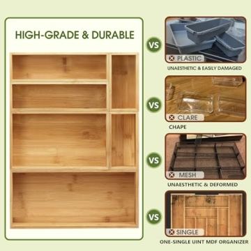 Bamboo Drawer Organizer Set for Kitchen and Office - 100% Durable