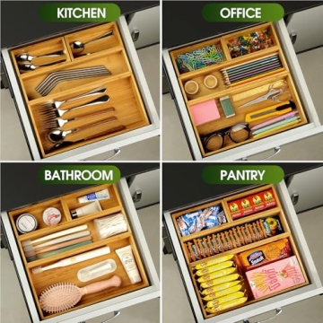 Bamboo Drawer Organizer Set for Kitchen and Office - 100% Durable