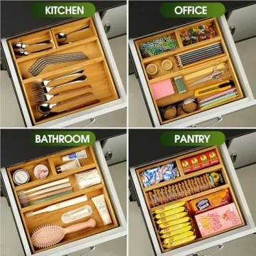 Bamboo Drawer Organizer Set for Kitchen and Office - 100% Durable