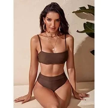 SOLY HUX Women's Spaghetti Strap High Waisted Bikini Bathing Suits 2 Piece Swimsuits Coffee Brown M