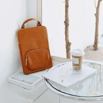 Comfyable Laptop Sleeve Bag 14 Inch Compatible for MacBook Pro 14 Inch 13 Inch, MacBook Air 13 in M2 M1 with Handle & Pocket - Faux Leather Computer Carry Briefcase-Brown