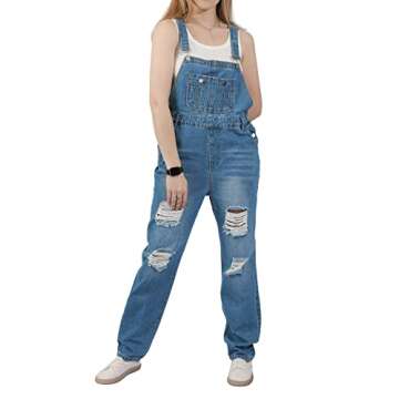 utcoco Women's Fashion Jean Bib Overalls Adjustable Straps Ripped Distressed Denim Pants (Medium, Li...