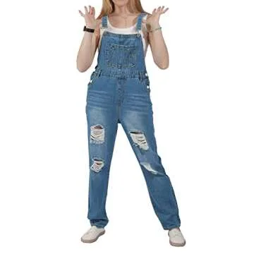 Shop utcoco Women's Adjustable Jean Bib Overalls - Distressed Denim