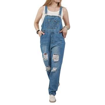 Shop utcoco Women's Adjustable Jean Bib Overalls - Distressed Denim