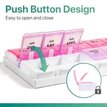 Sukuos AM PM Weekly Pill Organizer 7 Day, 2 Times A Day Medicine Pill Box with Easy Push Button, BPA Free Vitamin Cases for Fish Oil/Supplements, Easy to Clean (Purple&Pink)