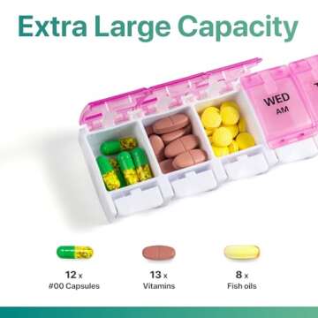 Sukuos AM PM Weekly Pill Organizer 7 Day, 2 Times A Day Medicine Pill Box with Easy Push Button, BPA Free Vitamin Cases for Fish Oil/Supplements, Easy to Clean (Purple&Pink)