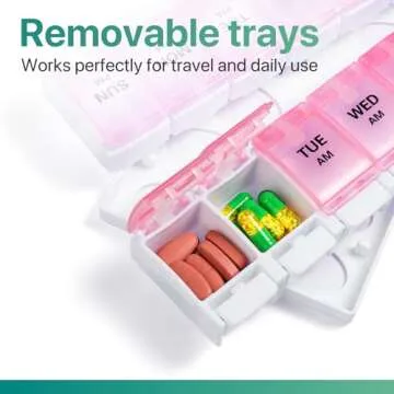 Sukuos AM PM Weekly Pill Organizer 7 Day, 2 Times A Day Medicine Pill Box with Easy Push Button, BPA Free Vitamin Cases for Fish Oil/Supplements, Easy to Clean (Purple&Pink)