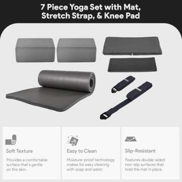 BalanceFrom 7-Piece Set - Include Yoga Mat with Carrying Strap, 2 Yoga Blocks, Yoga Mat Towel, Yoga Hand Towel, Yoga Strap and Yoga Knee Pad (Gray, 1/2"-Thick Mat)