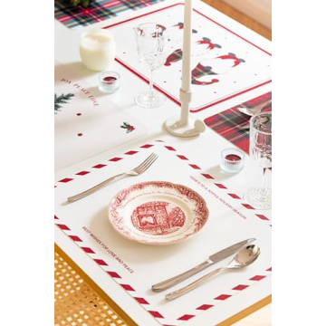 Hofdeco Premium Christmas Holiday Placemats, Set of 4, Water Oil Proof Vegan Leather Place Mats for Dining Table, Candy Cane Border, Red, 14"x19"