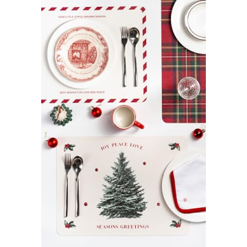 Hofdeco Premium Christmas Holiday Placemats, Set of 4, Water Oil Proof Vegan Leather Place Mats for Dining Table, Candy Cane Border, Red, 14"x19"