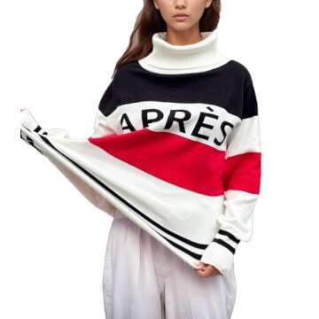 ALPSWARE Women Stripe Sleeve Sweaters Turtleneck Warm Sweaters Apres Ski Patchwork Colorblock Tops Winter Outfits Red