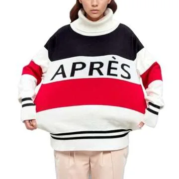 ALPSWARE Women Stripe Sleeve Sweaters Turtleneck Warm Sweaters Apres Ski Patchwork Colorblock Tops Winter Outfits Red