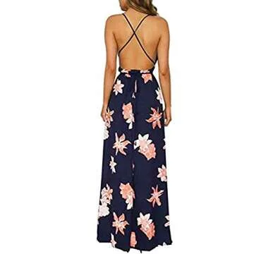 BerryGo Women's Sexy Deep V Neck Backless Floral Print Split Maxi Party Dress M