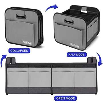 Homeve Collapsible Multi-Compartment Car Organizer - Reinforced Handles, Foldable and Waterproof, 600D Oxford Polyester, Suitable for Any Car, SUV, Mini-Van, Grey